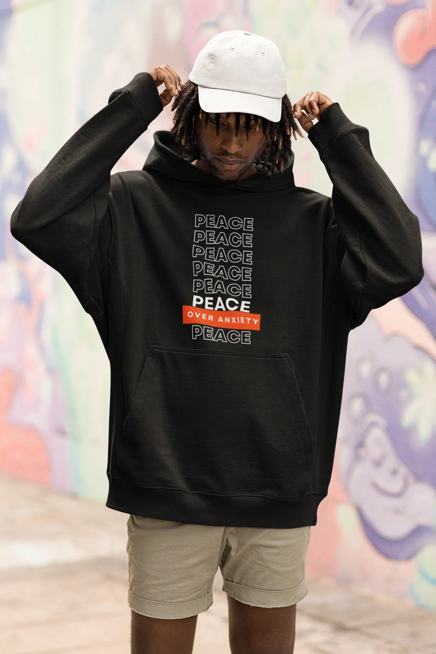 peace over anxiety hoodie in the color black