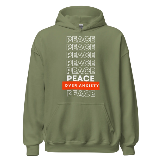 peace over anxiety hoodie in the color military green